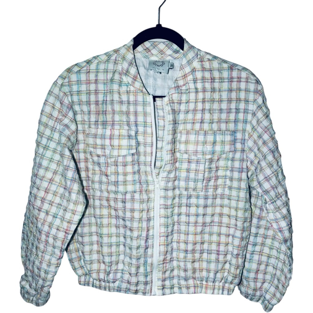 Lili Sidonio‎ Women's Small Plaid Bomber Jacket Full Zip Pastel Windowpane Grid